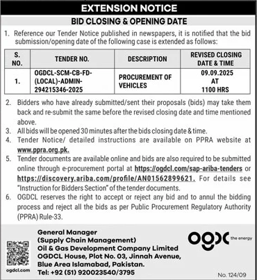Oil &  Gas Development Company Limited Islamabad Tender Notice